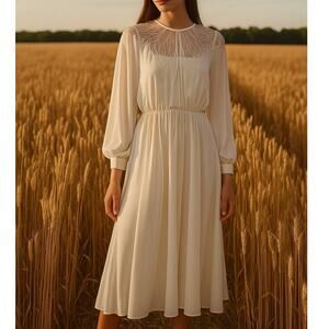 Vintage 70s White Lace Sheer Cottagecore Dress Womens Small Midi Boho Prairie